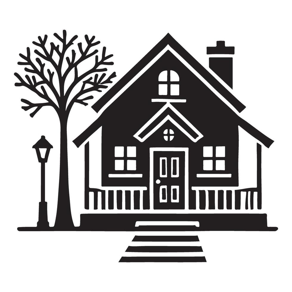 Charming Silhouette Illustration of a House with Tree vector
