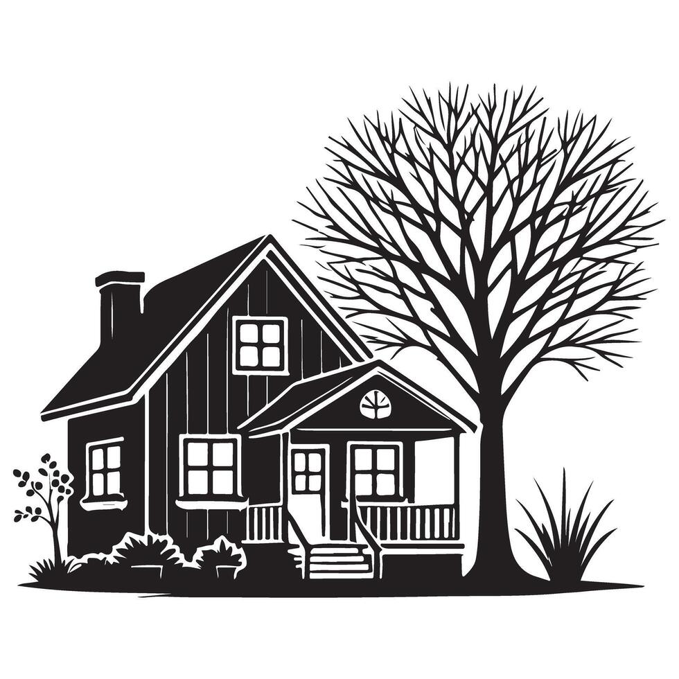 Charming House Silhouette Illustration with Tree vector