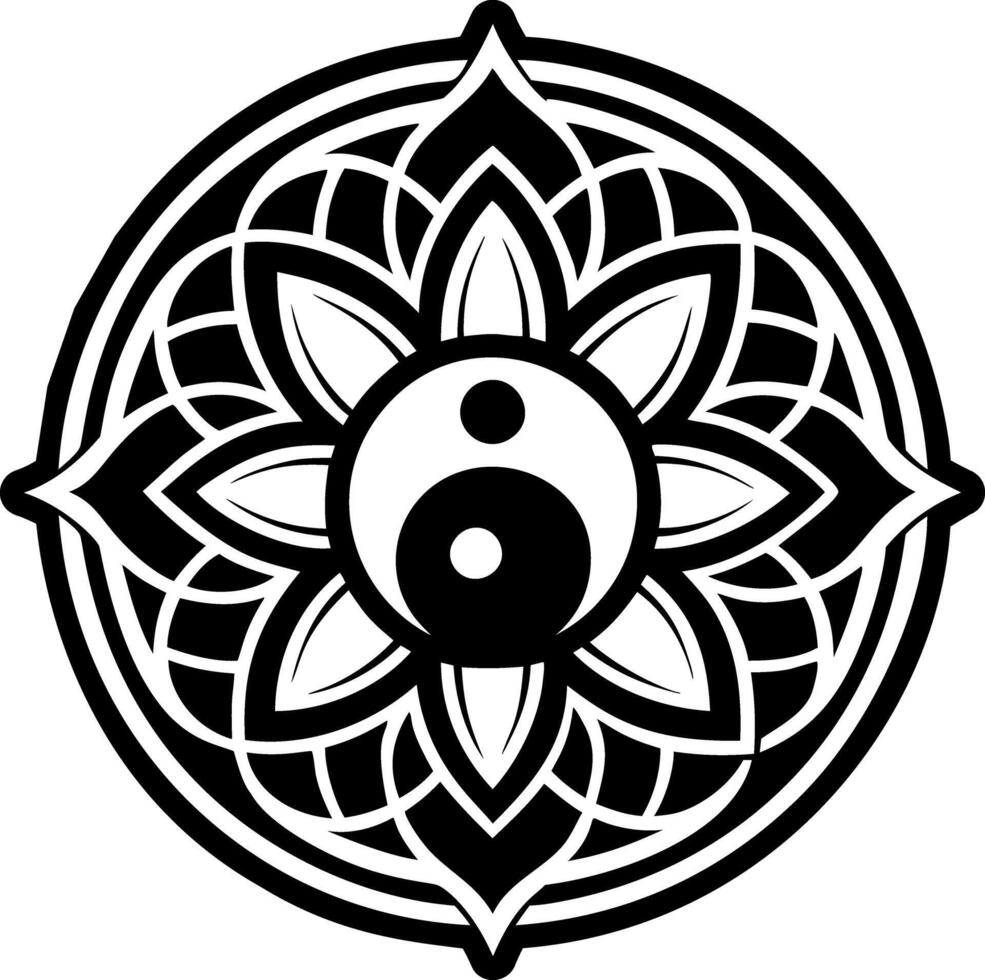 Yin yang symbol within a floral mandala, glyph icon vector