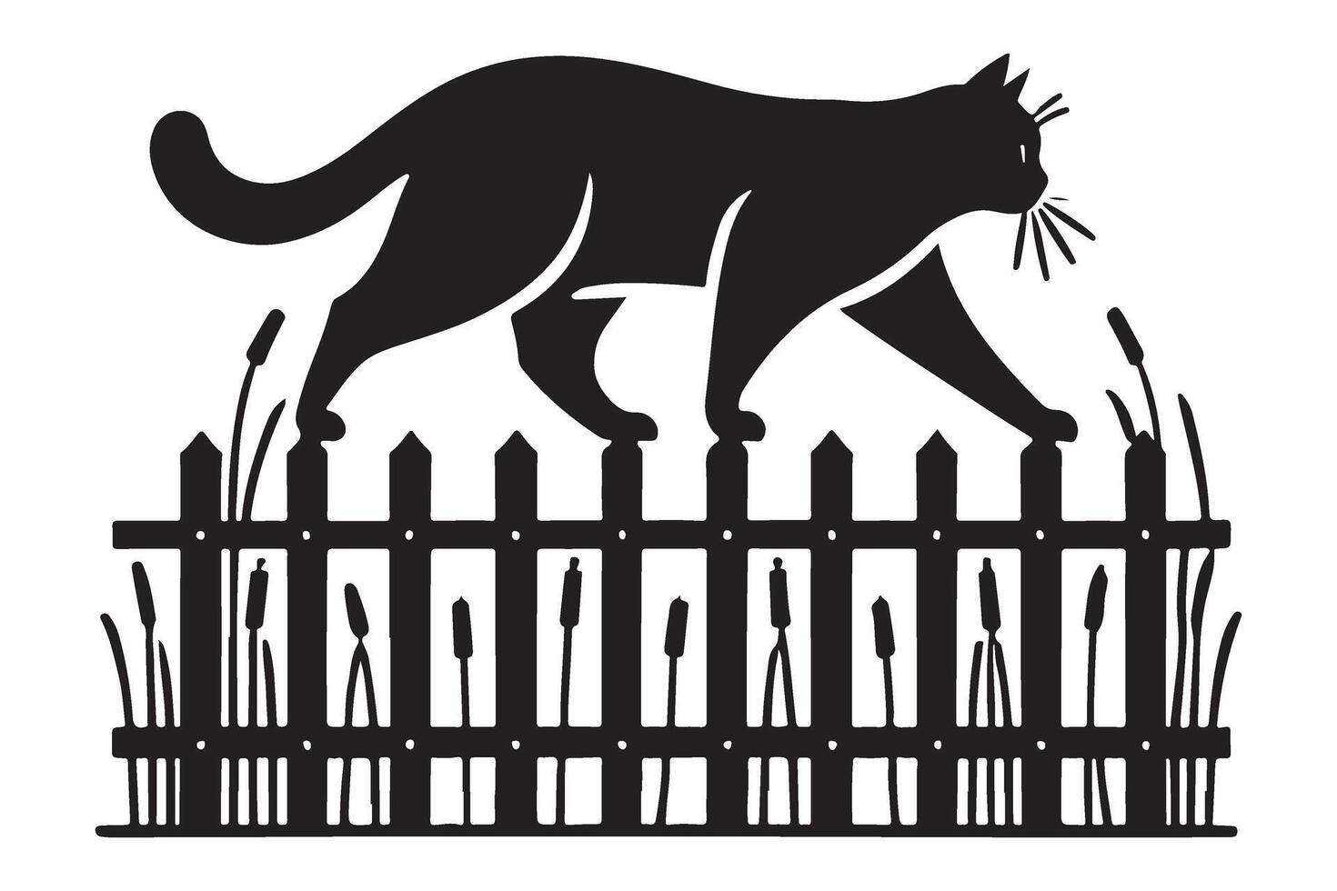 Silhouette of a Cat Walking on a Fence vector