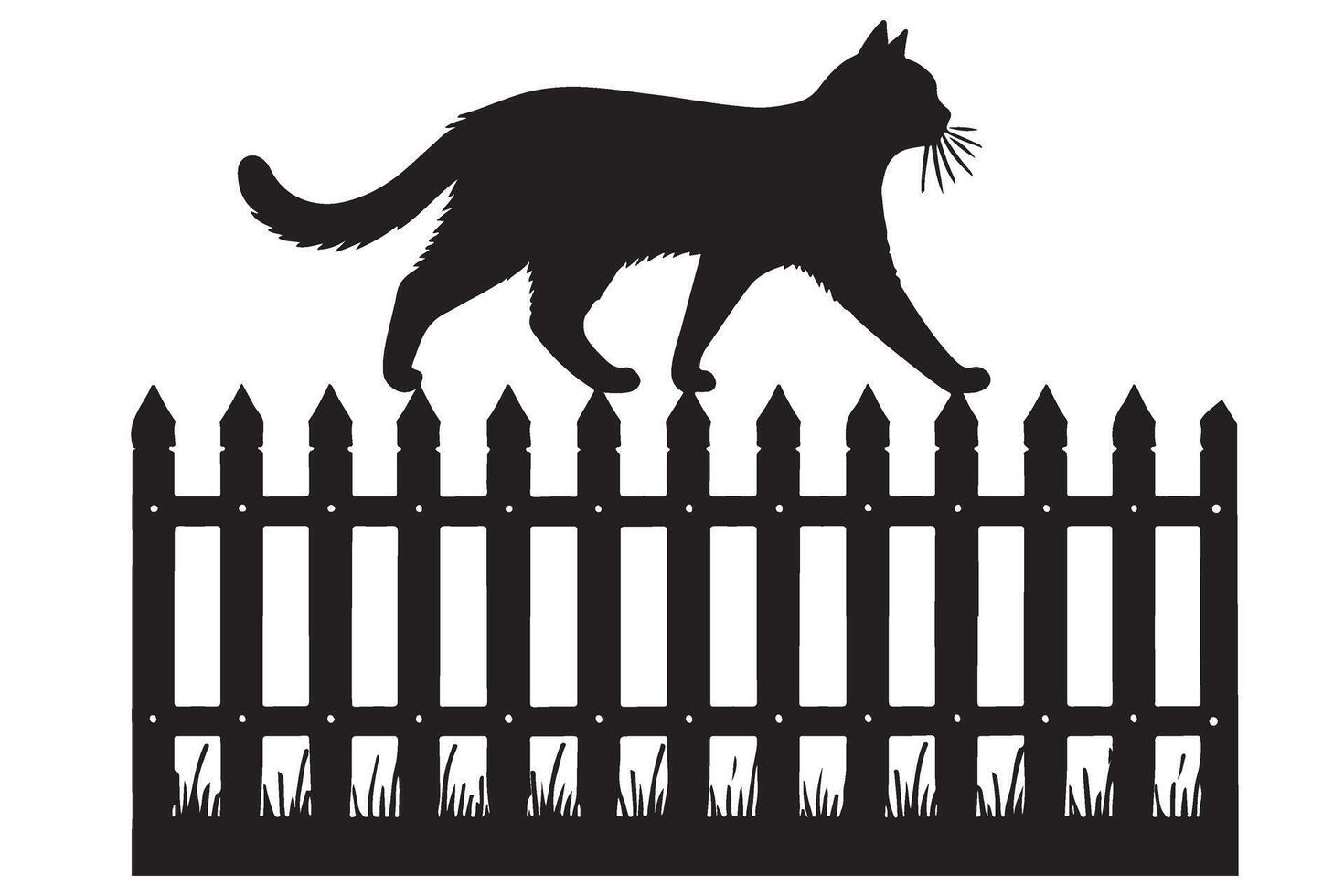 Silhouette Illustration of a Cat Walking on a Picket Fence vector