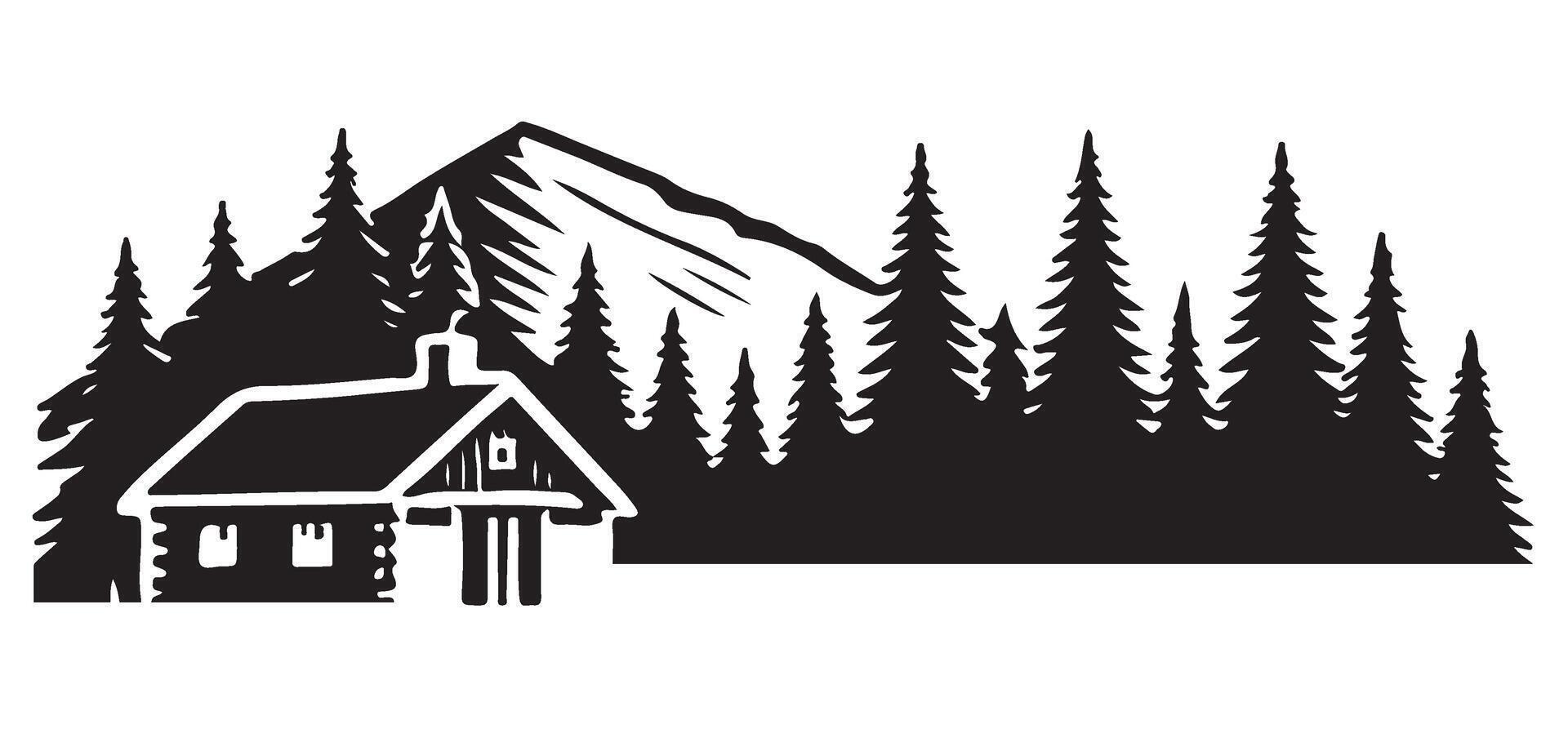 Log Cabin in the Forest Silhouette Illustration vector