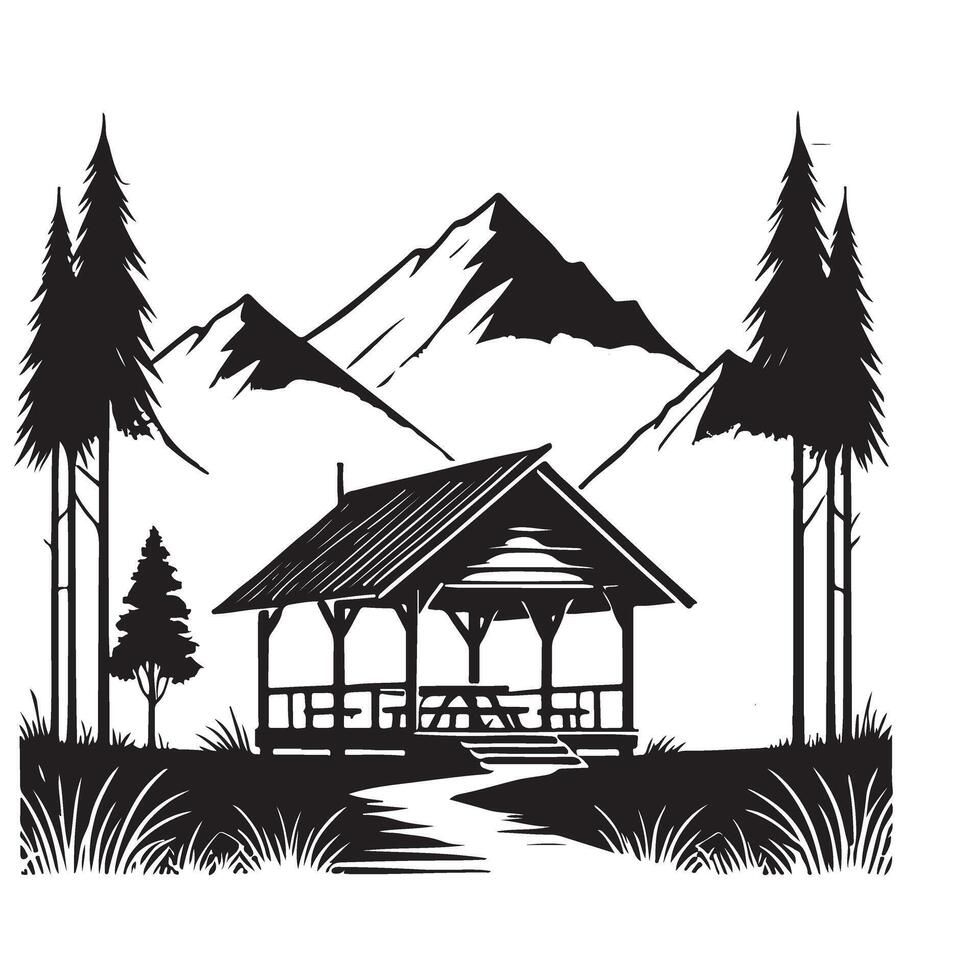 Mountain View Gazebo Silhouette Illustration vector