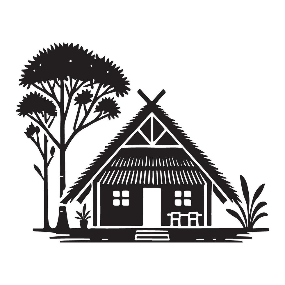 Black Silhouette Illustration of a Tropical Hut with Surrounding Flora vector