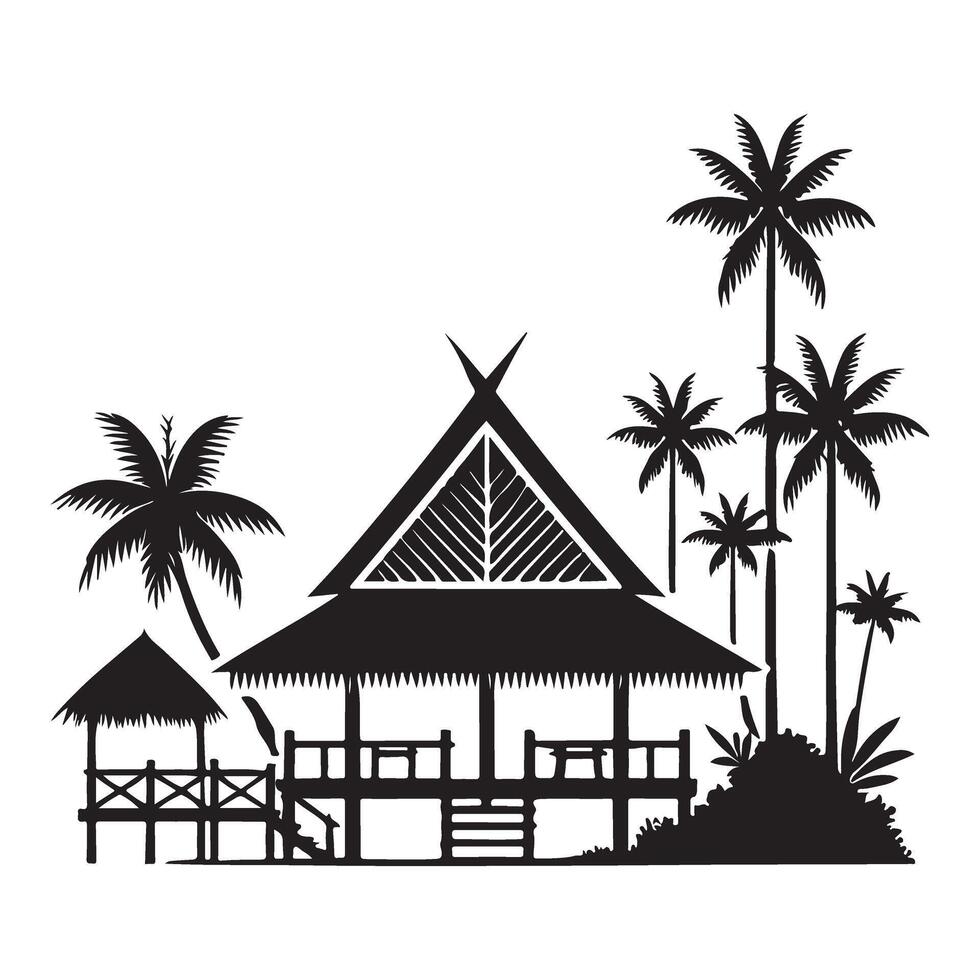Tropical Bungalow Silhouette with Palm Trees Illustration vector