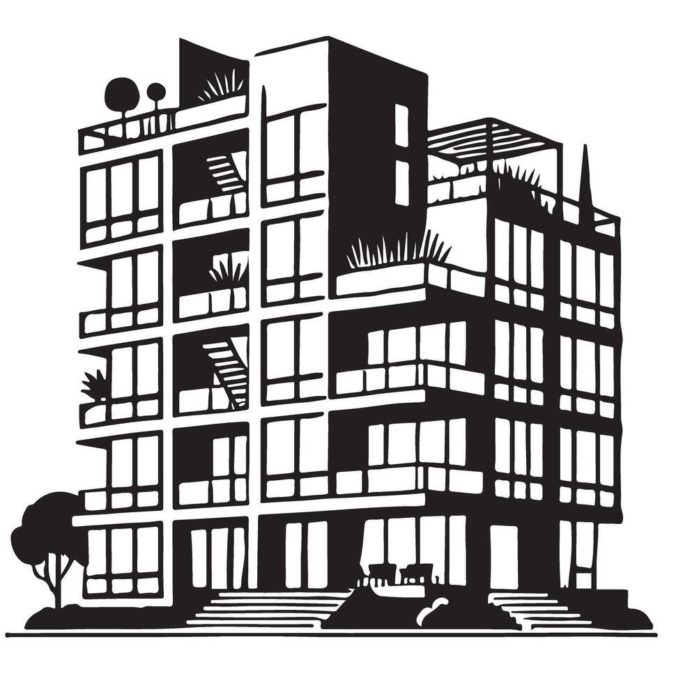 Modern Apartment Building Silhouette with Balconies vector