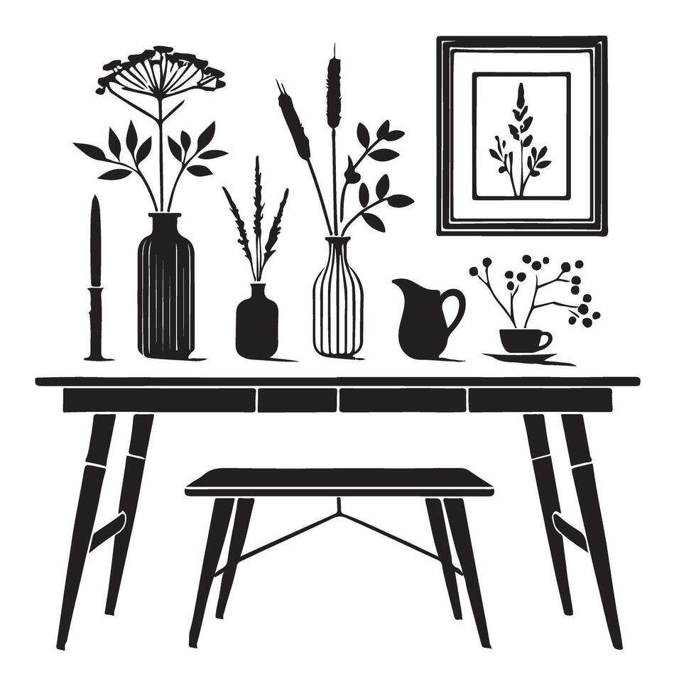 Stylish Home Decor Silhouette with Table and Flowers vector