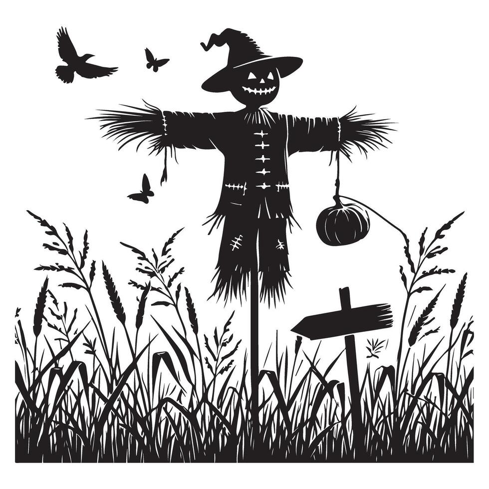 Eerie Scarecrow Silhouette in a Harvest Field Halloween Illustration vector