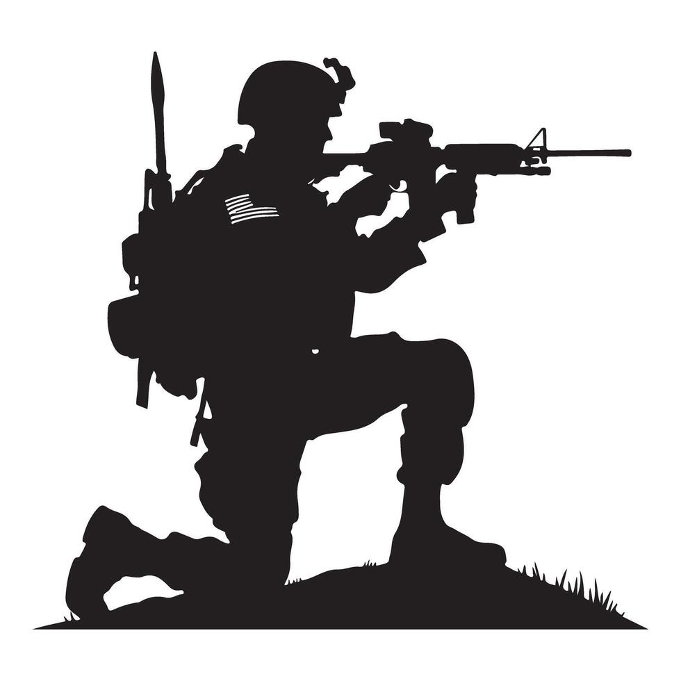 Soldier Silhouette Kneeling with Rifle Illustration vector