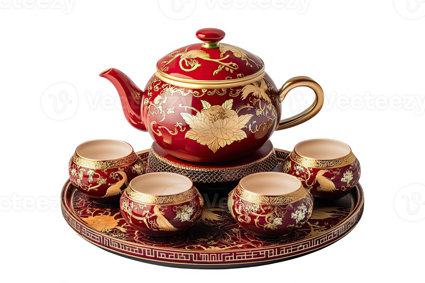 A red tea set with gold leaf on it png