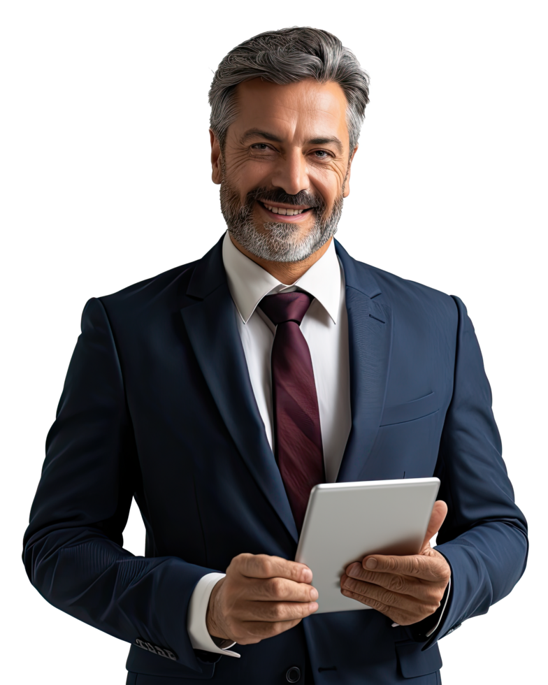 Boss man in a suit holding a tablet computer png