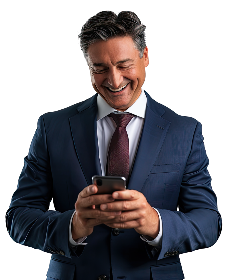 a man in a suit is smiling and holding his phone png