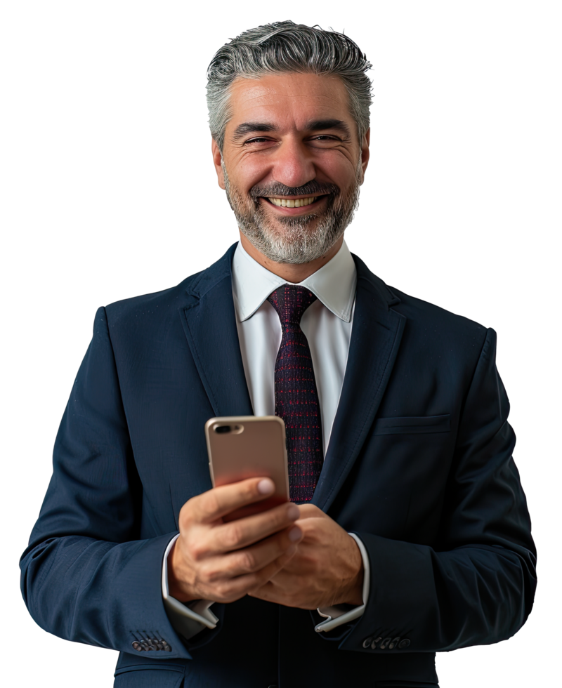 a man in a suit holding a cell phone png