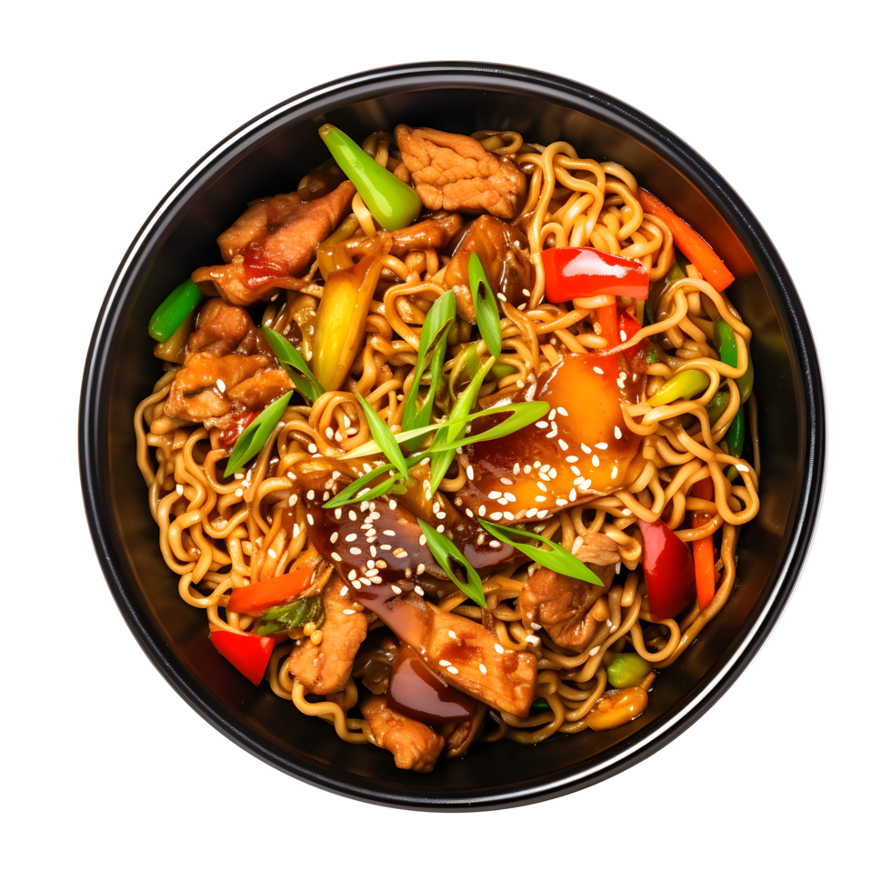 chinese food with noodles and vegetables in a bowl png
