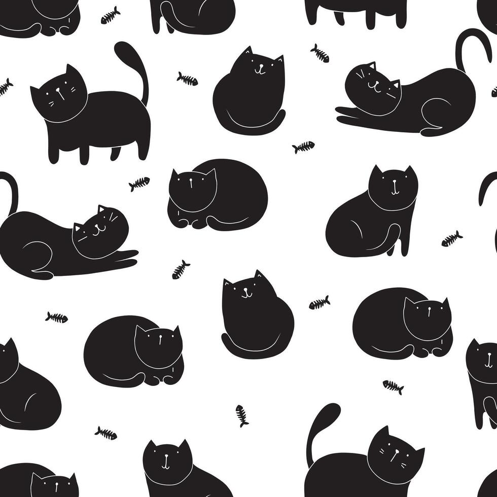 Seamless pattern little black cat. with fish. Hand drawn style. vector