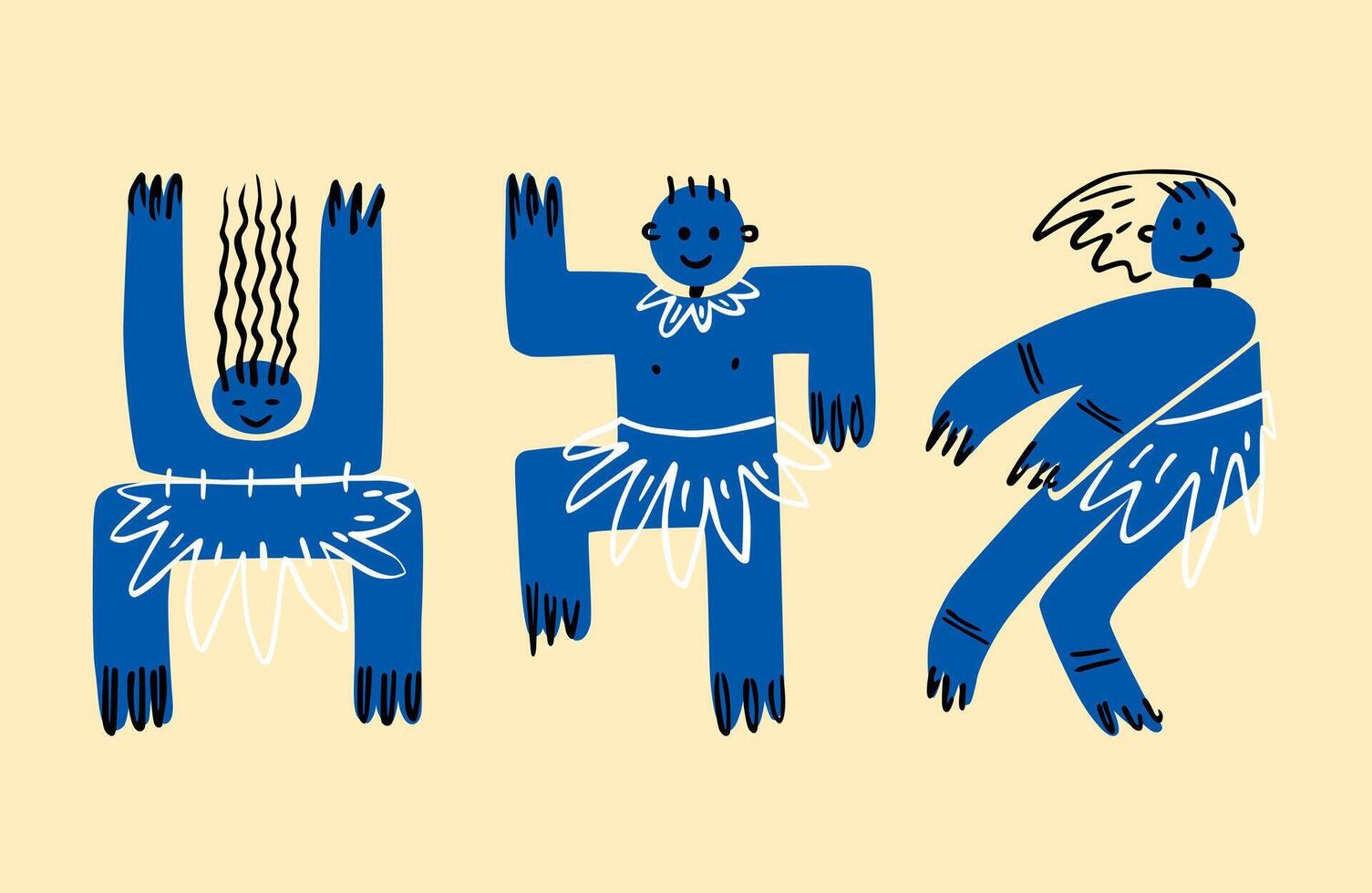 Funny blue abstract men. Dancing geometric creatures . The natives. illustration hand-drawn. vector