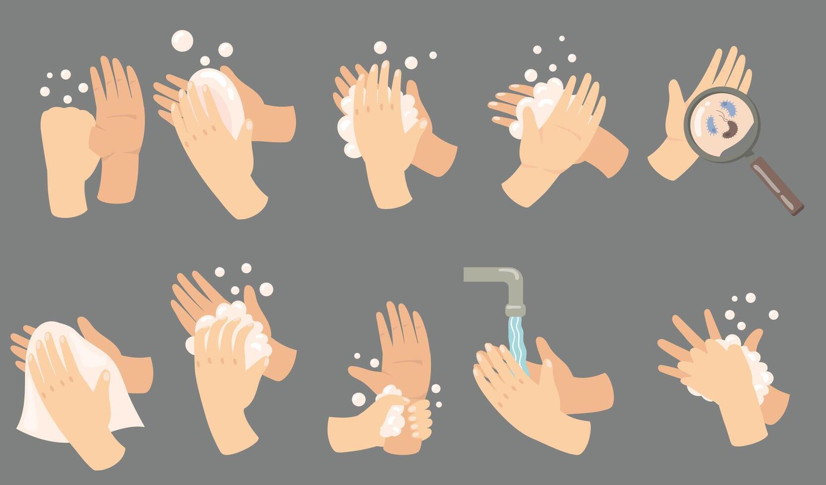 New Hand hygiene guide set. Steps of arm washing process, wrists with soap, foam, tap with flowing water, drying with towel. For hospital WC or medical infographics, health care, infection concept vector
