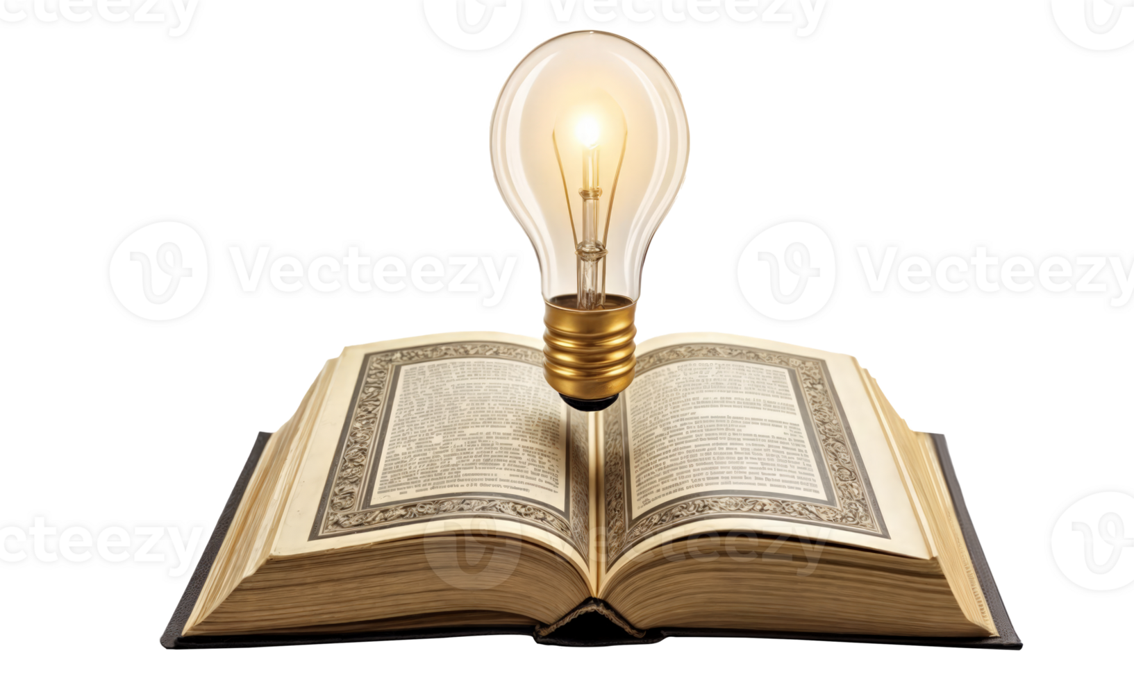 An open book that has a light bulb placed right on top of it png