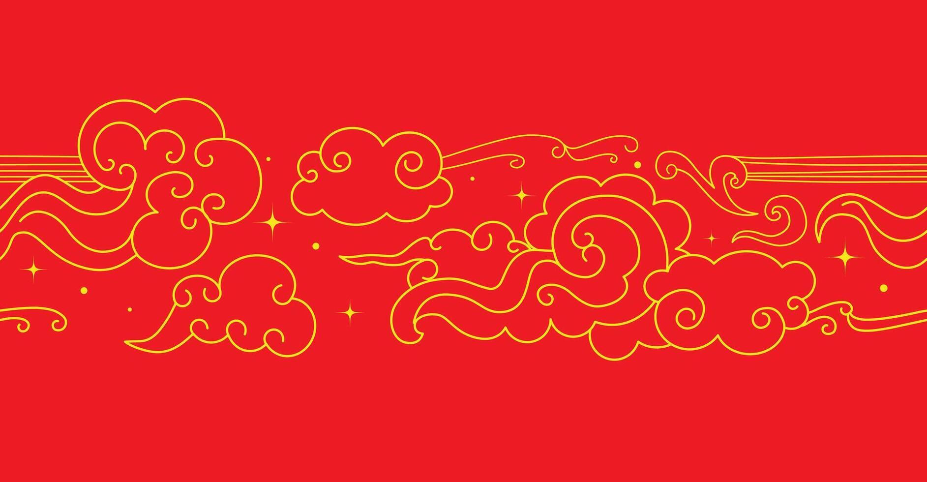 Clouds and stars on a red background. Abstract seamless pattern in oriental style. Decorative frame. vector