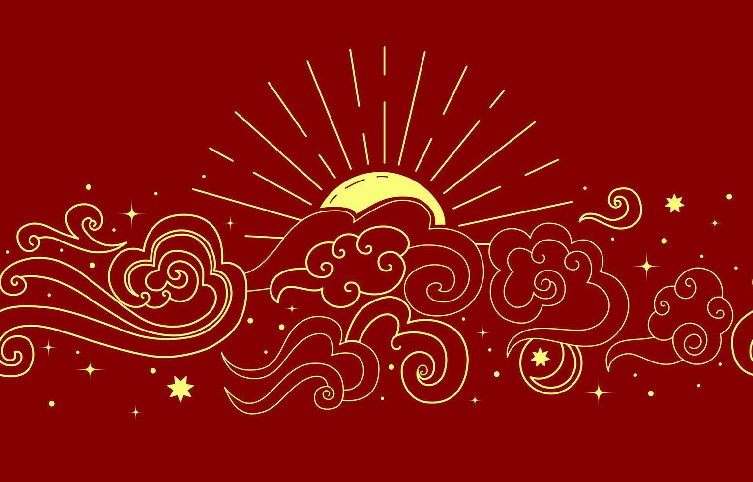 Sun, clouds in the sky. Abstract seamless pattern in oriental style. Decorative Chinese frame. vector