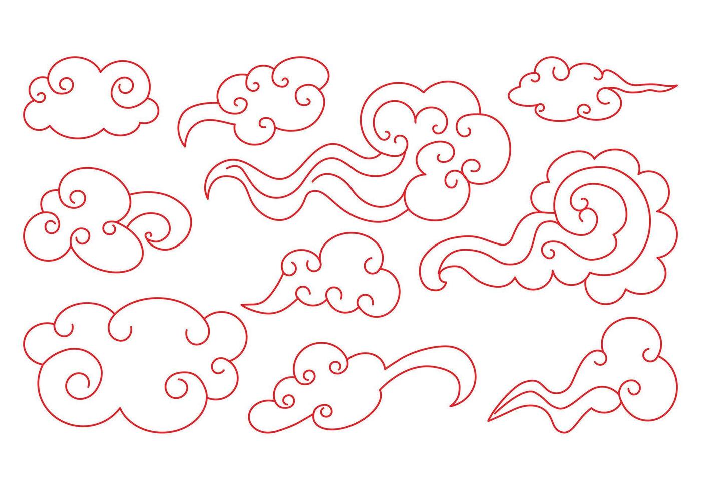 Clouds set in oriental style. Decorative red Chinese illustration. vector