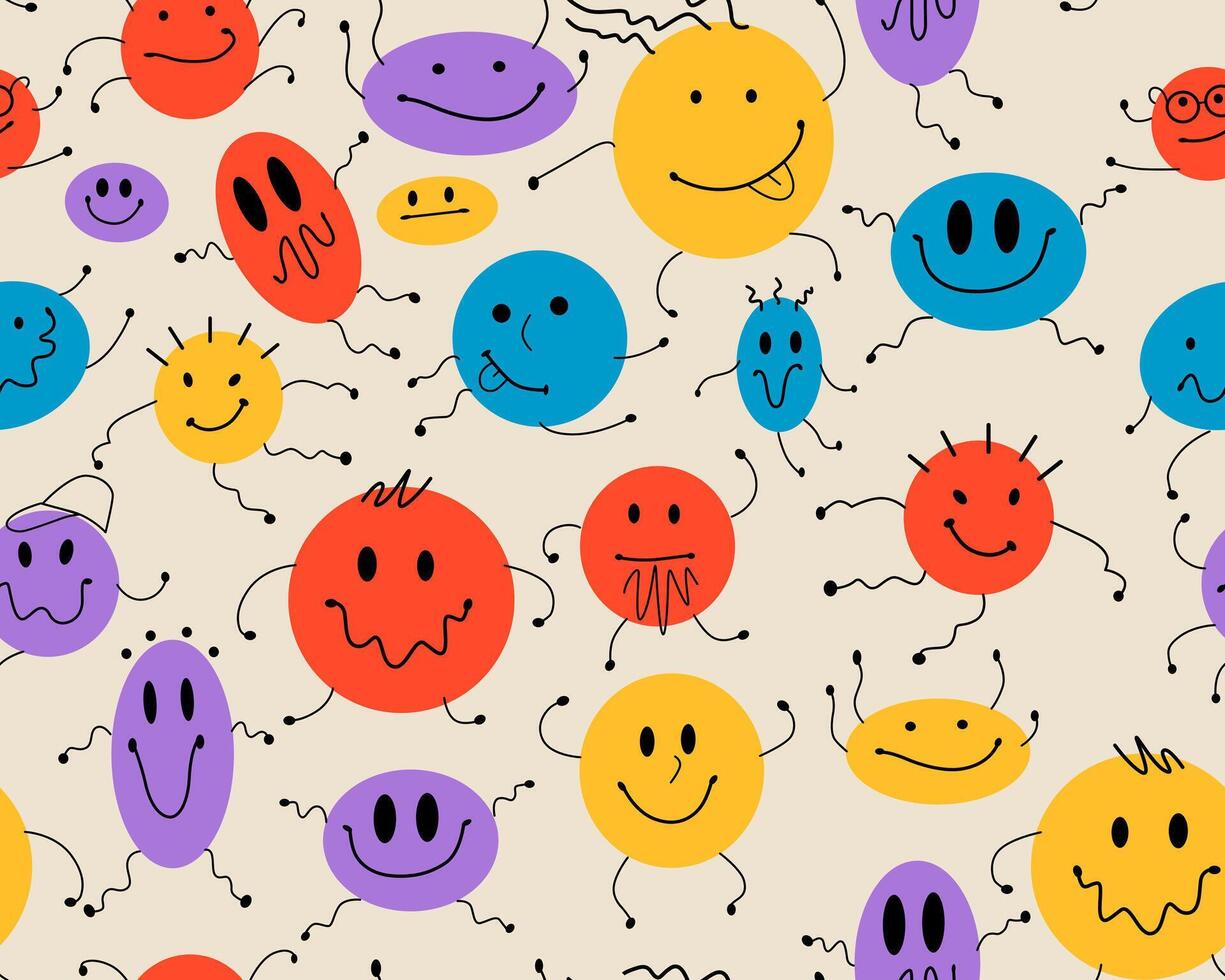 Abstract geometric creatures seamless pattern. Smiling characters. Childrens funny illustration. Suitable for printing on fabric and paper. vector