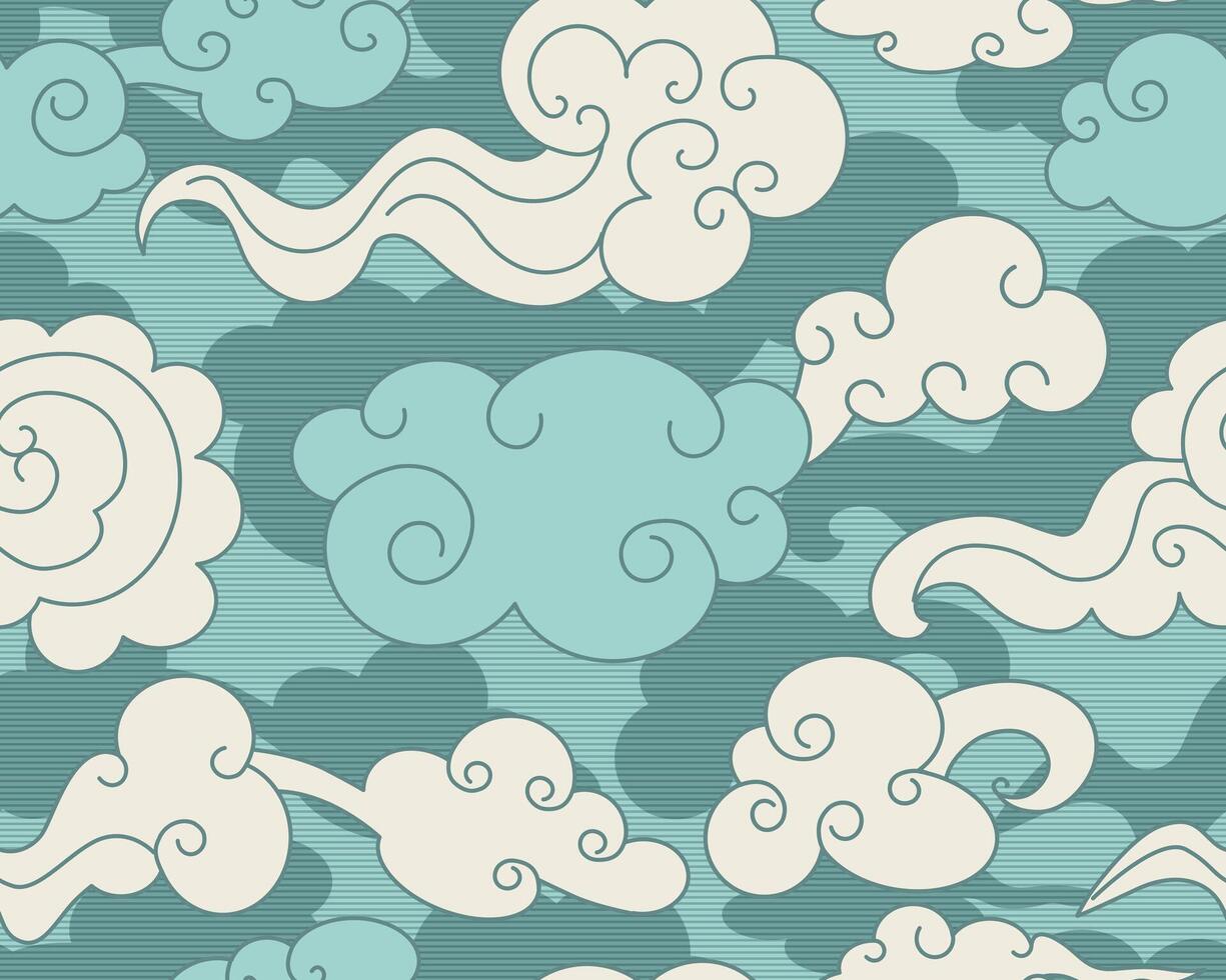 Clouds blue seamless pattern in oriental style. Decorative Chinese magic frame. vector