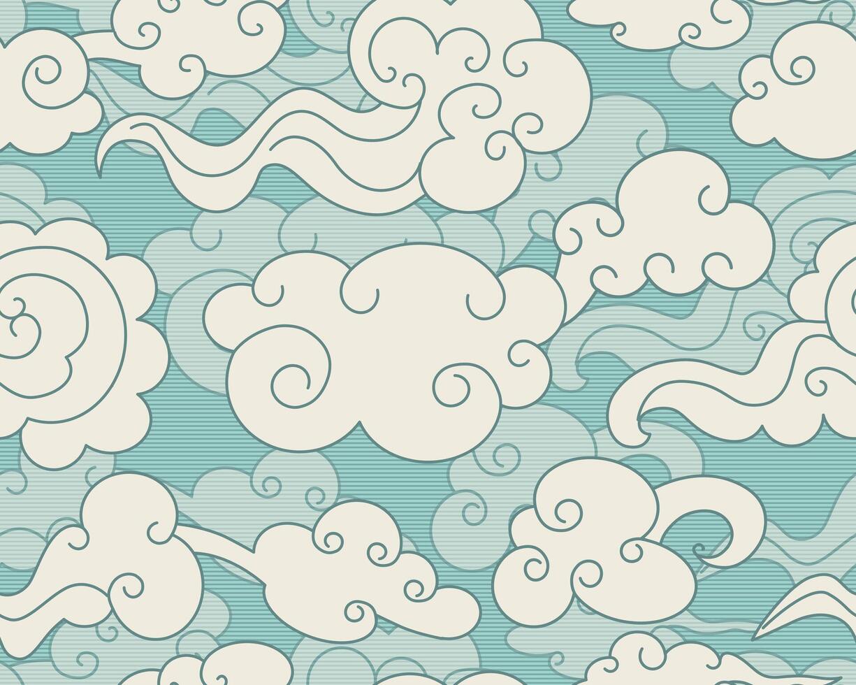 Clouds seamless pattern in oriental style. Decorative blue Chinese magic frame. illustration. vector
