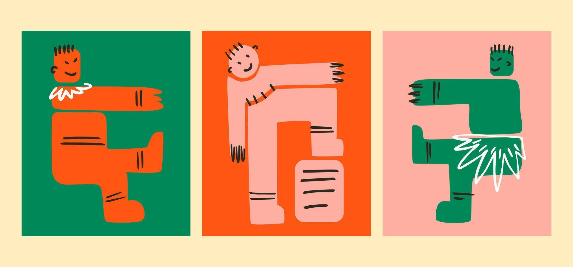 Funny abstract men. Dancing geometric creatures posters. The natives. vector