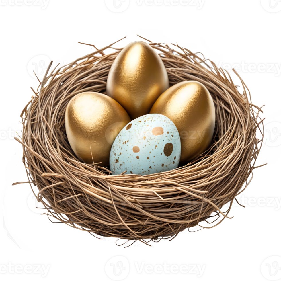 A bird nest that is generously filled with golden eggs and one blue egg png