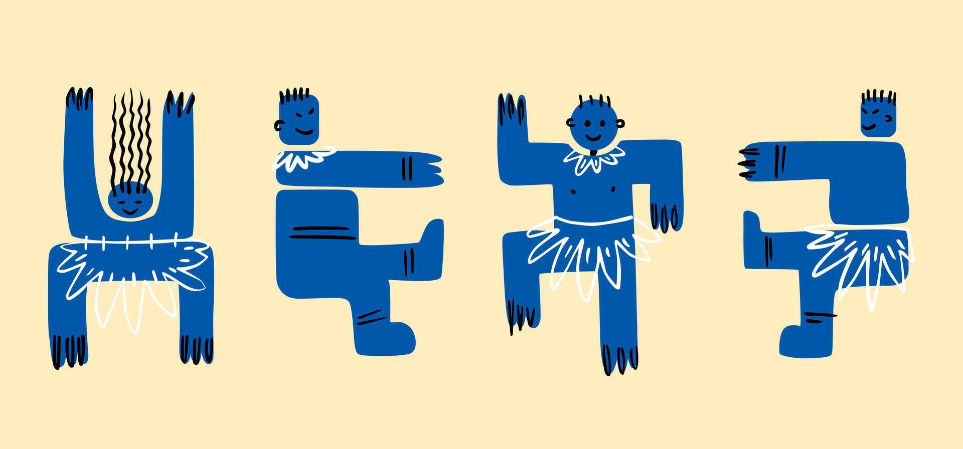 Funny blue abstract men. Dancing geometric creatures . The natives. vector