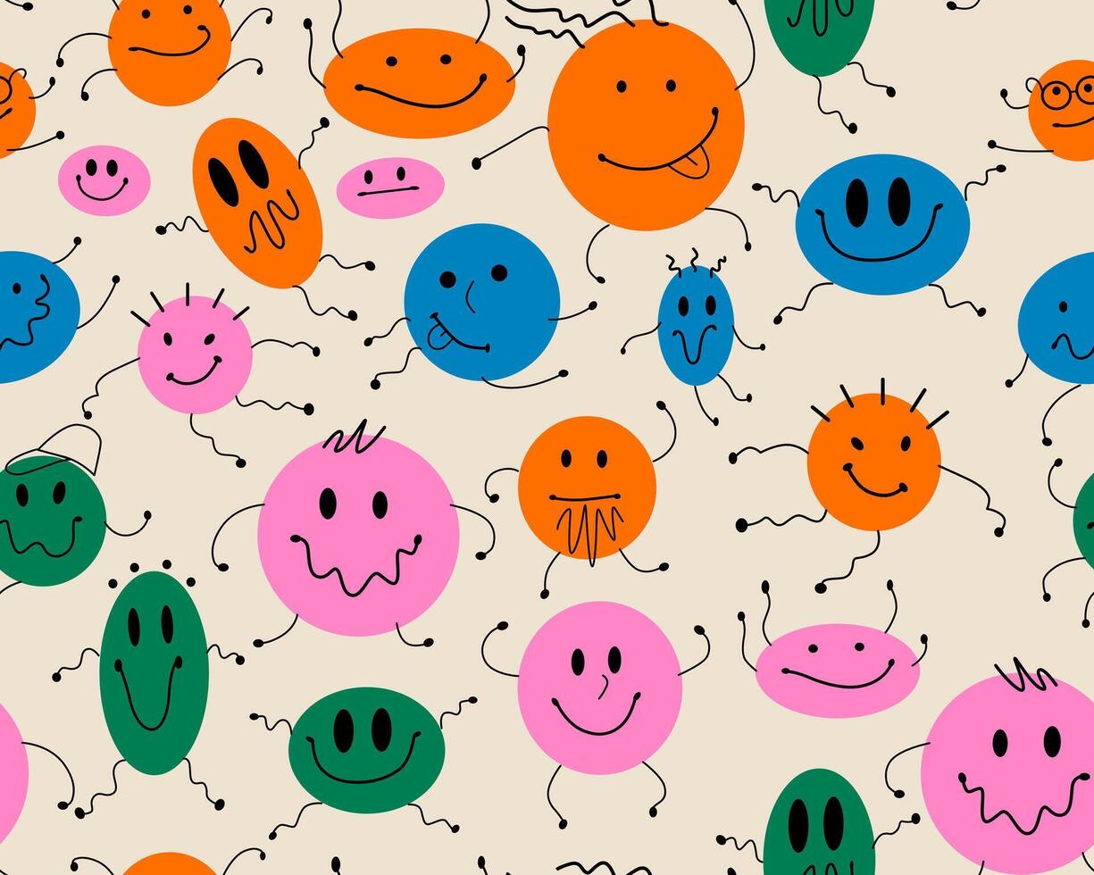 Abstract geometric creatures seamless pattern. Smiling characters. Childrens funny illustration. vector