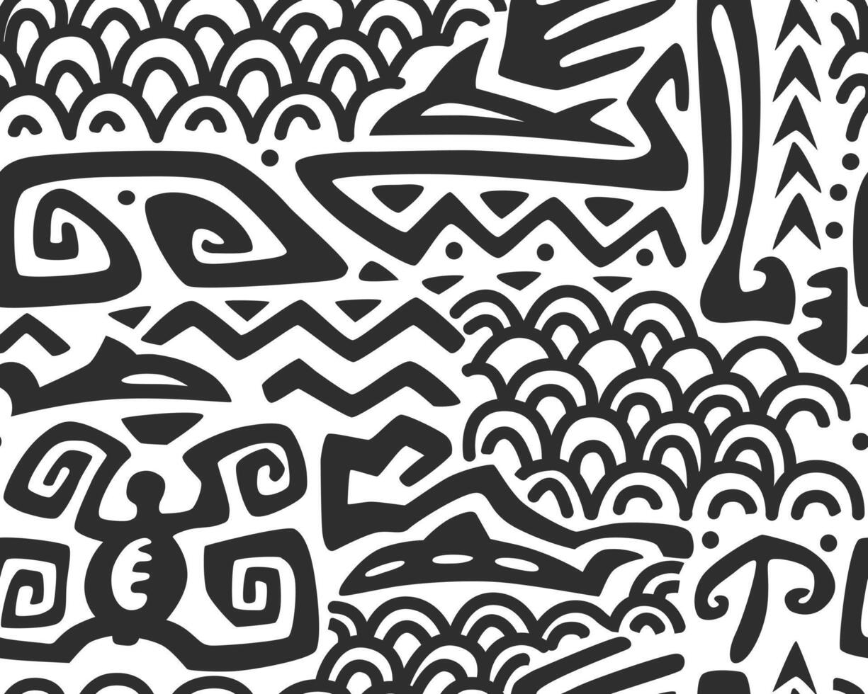 Hawaiian motifs.. Tiki black seamless pattern. Aztec textile print. vector