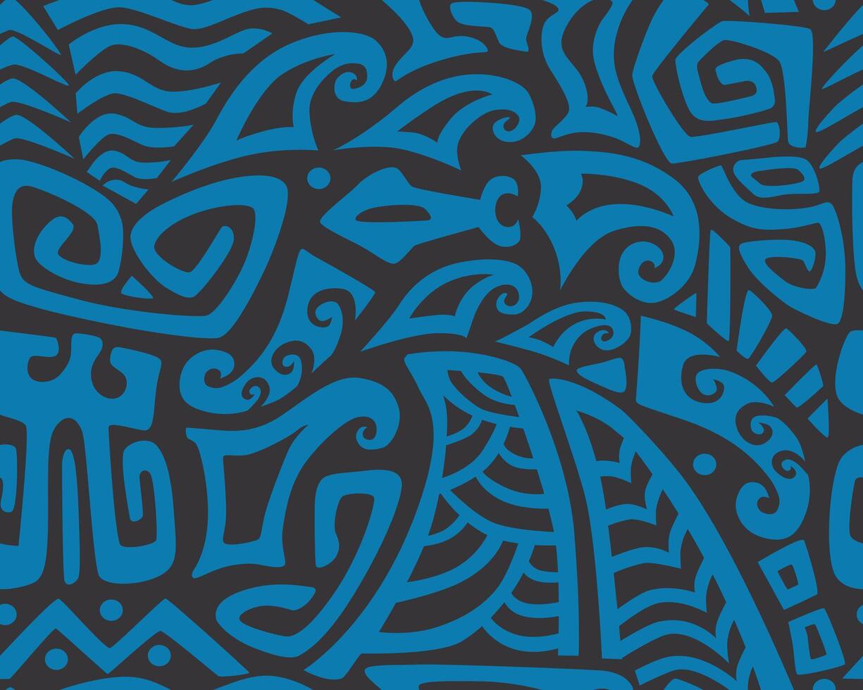 Hawaiian motifs.. Tiki seamless pattern. Aztec textile print.Geometric blue background. Suitable for printing on fabric and paper, for parties. vector