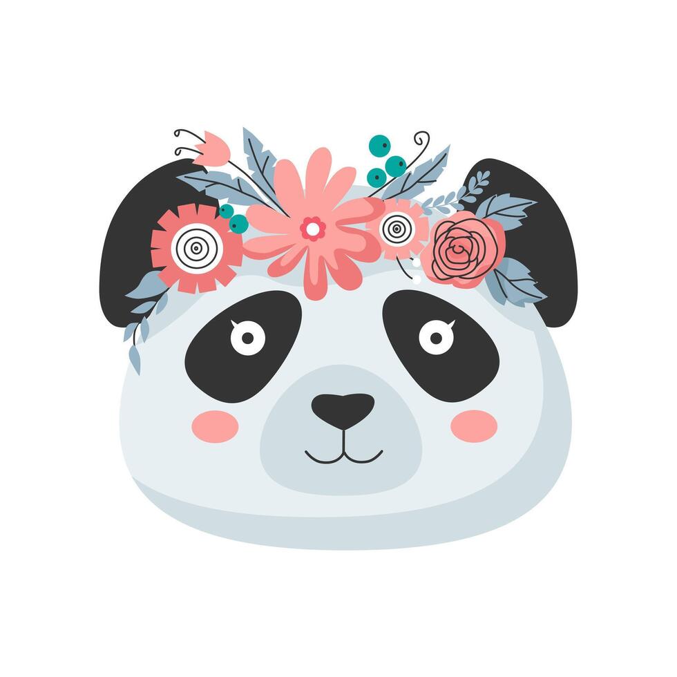 Panda head with flower crown. vector