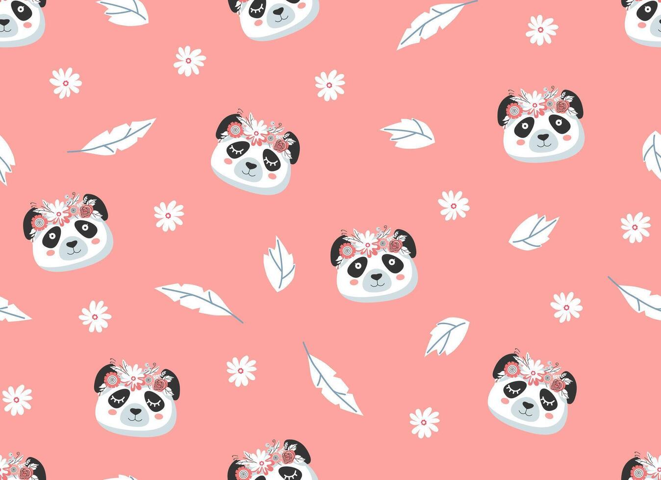 Cute panda in a flower crown seamless pattern. Suitable for printing on fabrics, paper. vector