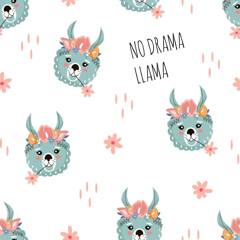 Llamas in flower crowns seamless pattern. Creative childrens texture. Great for fabric, textile illustration vector