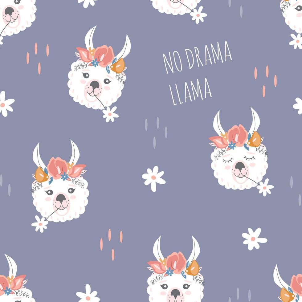Llamas in flower crowns seamless pattern. Creative childrens texture. Great for fabric, textile vector