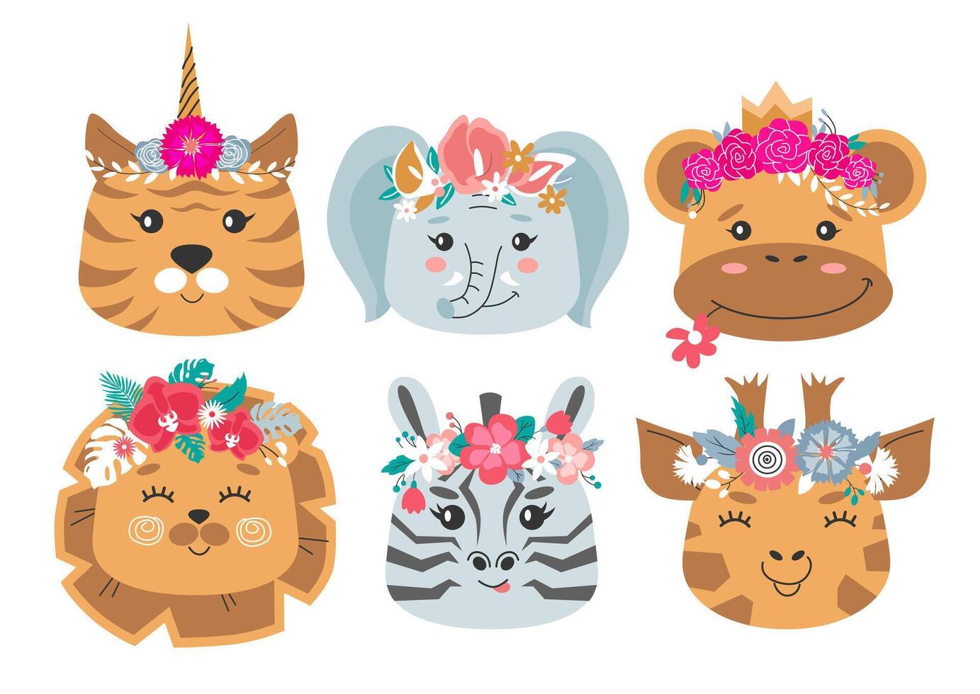Animal heads in flower crowns set. Cute tiger,elephant, monkey, zebra, lion, giraffe. vector