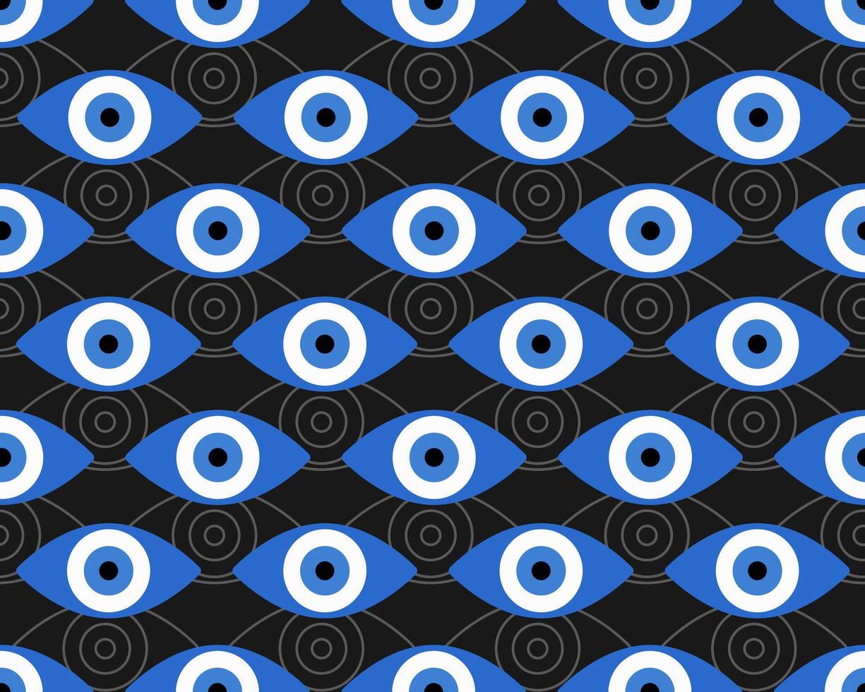 Blue Evil eye seamless pattern.Amulet. Black colored background. vector