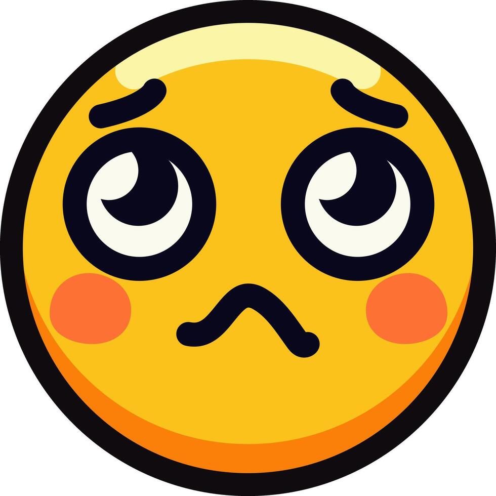 Cute sad emoji with big eyes and blushing cheeks. vector