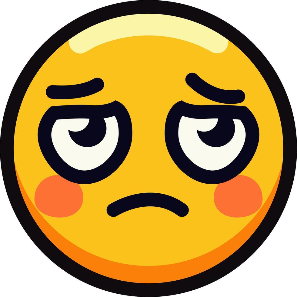 Pensive emoji with sad eyes and blushing cheeks on yellow face. vector