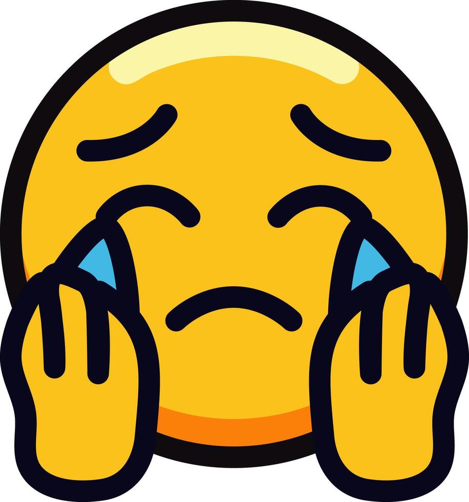 Crying emoji with tears and hands on cheeks expressing sadness. vector