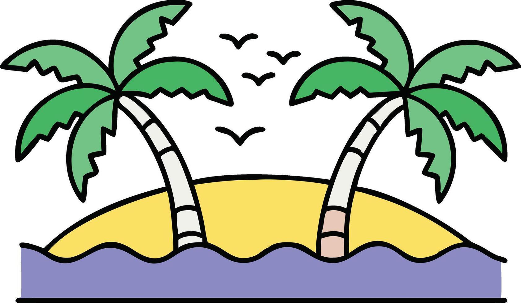 Tropical Island Paradise Two Palm Trees, Ocean, Birds, Sandy Beach vector
