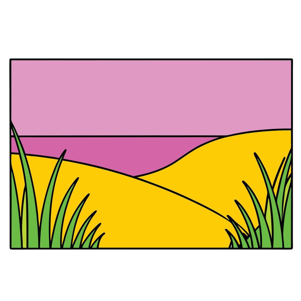 Simple Desert Landscape Painting Pink Sky, Yellow Dunes, Green Grass vector
