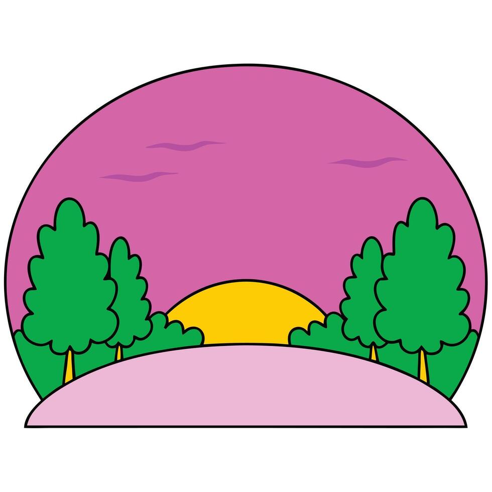 Sunset Landscape Pink Sky, Green Trees, Yellow Sun, Hill vector