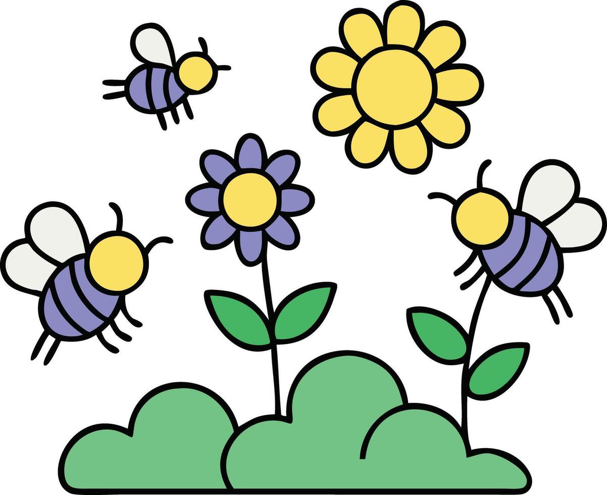 Busy Bees Pollinating Colorful Flowers in a Garden vector