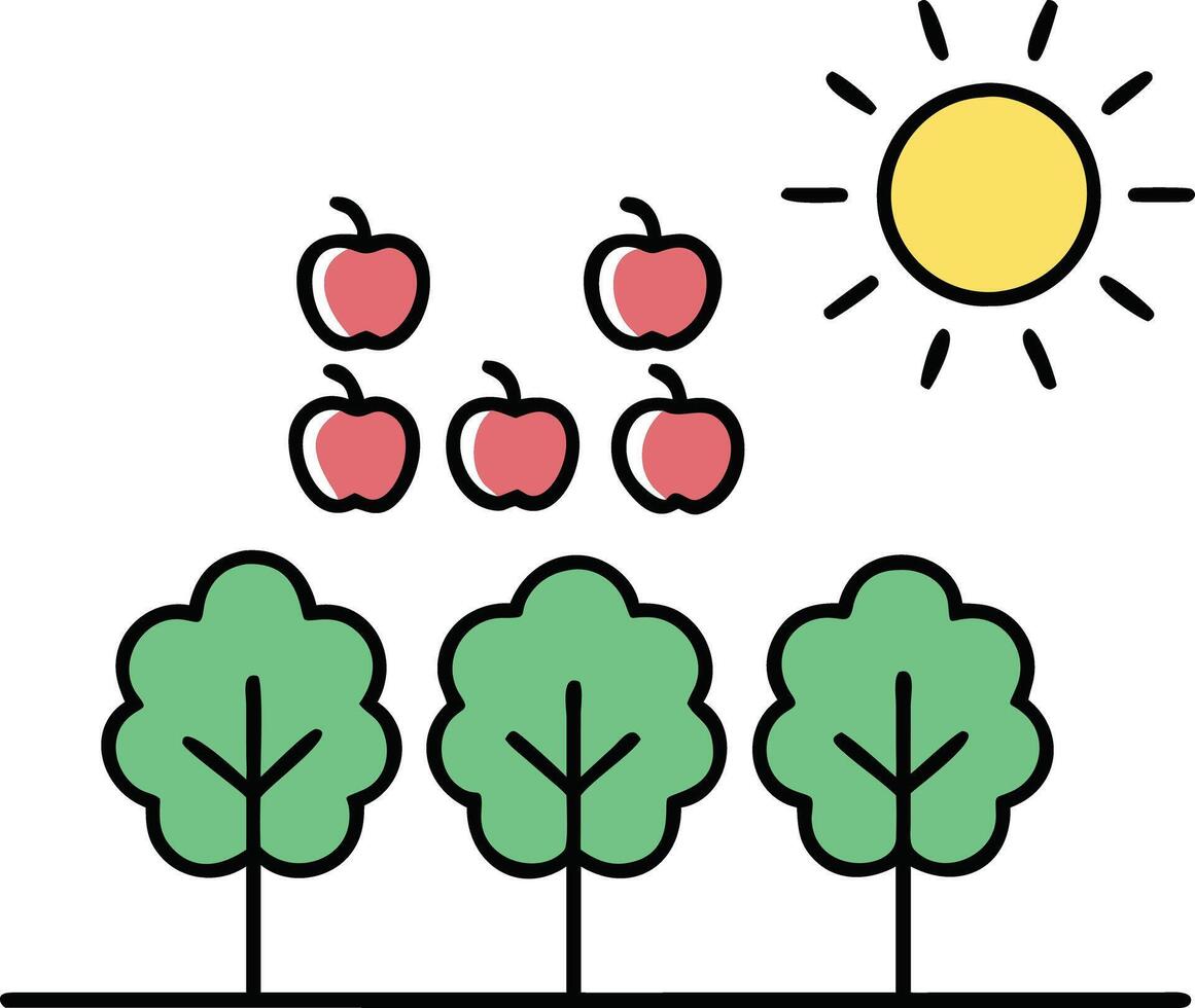Sunny Orchard Illustration Five Red Apples, Three Green Trees vector