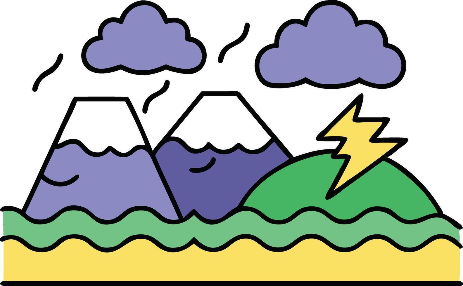 Stormy Mountain Landscape Clouds, Volcanoes, Lightning, Ocean vector