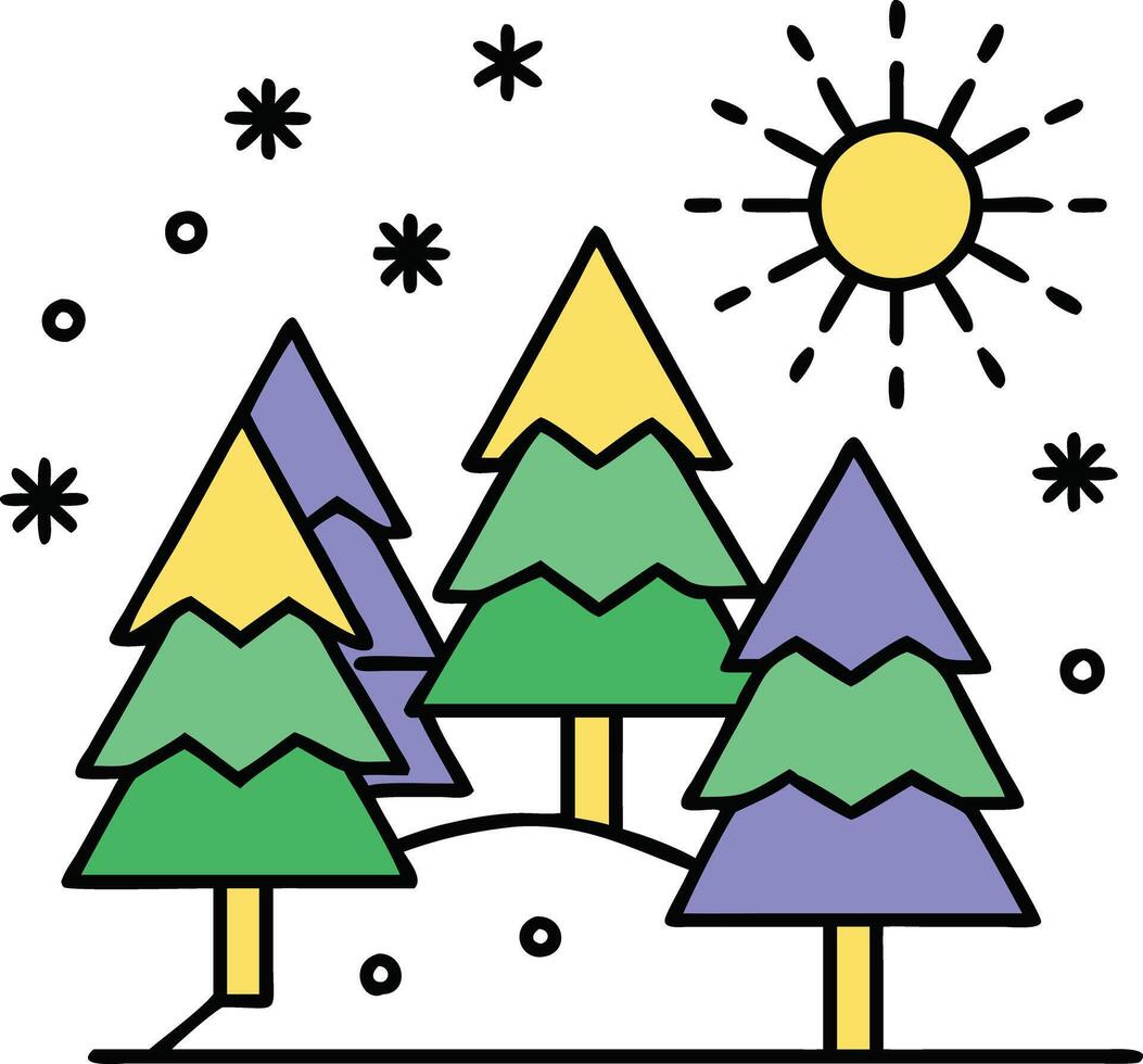 Sunny Winter Day Three Colorful Pine Trees, Snow, Sun vector